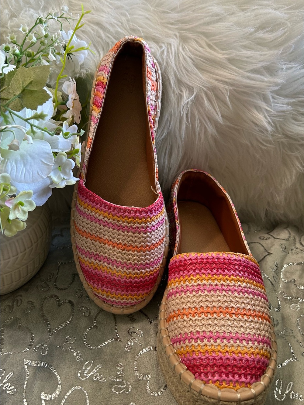 NWOT ASOS Woven Pink & Orange Slip-On Espadrilles - Women Size 11